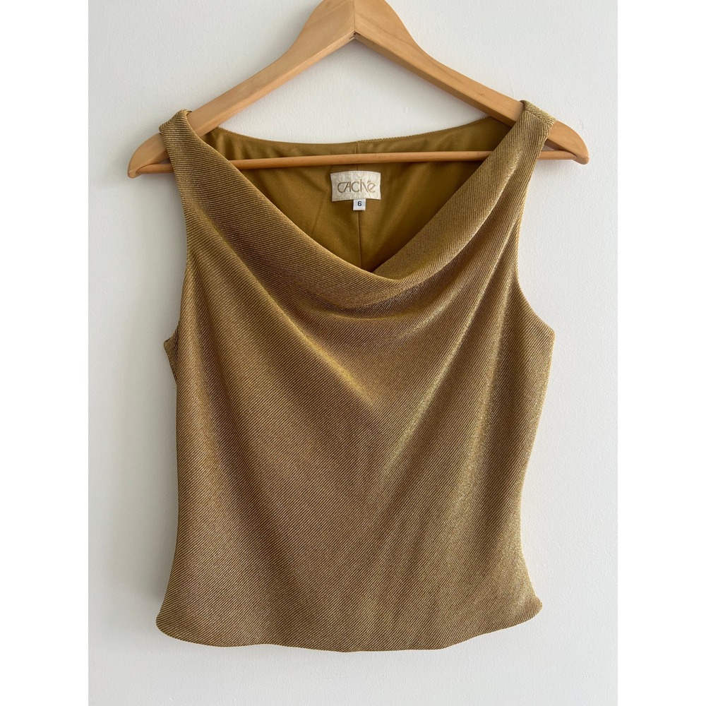 Caché Gold Metallic Lurex Cowl Drape Top Sz 6 Shimmer Y2K Mob Wife 90s